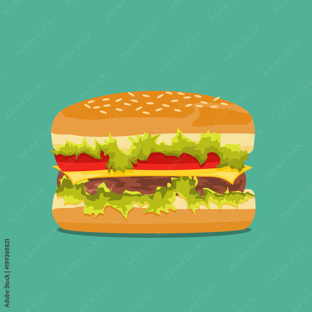 Hamburger with meat, cheese and salad flat style. Cartoon illustration Hamburger with meat, cheese and salad flat style. Cartoon illustration