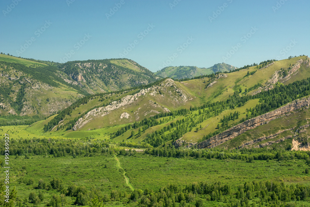Unique green mountain landscape with high rocky mountains and blue sky. Dirty road in mountains. Geological section, fault in distance. Unimaginable rocks on background under clean blue sky.