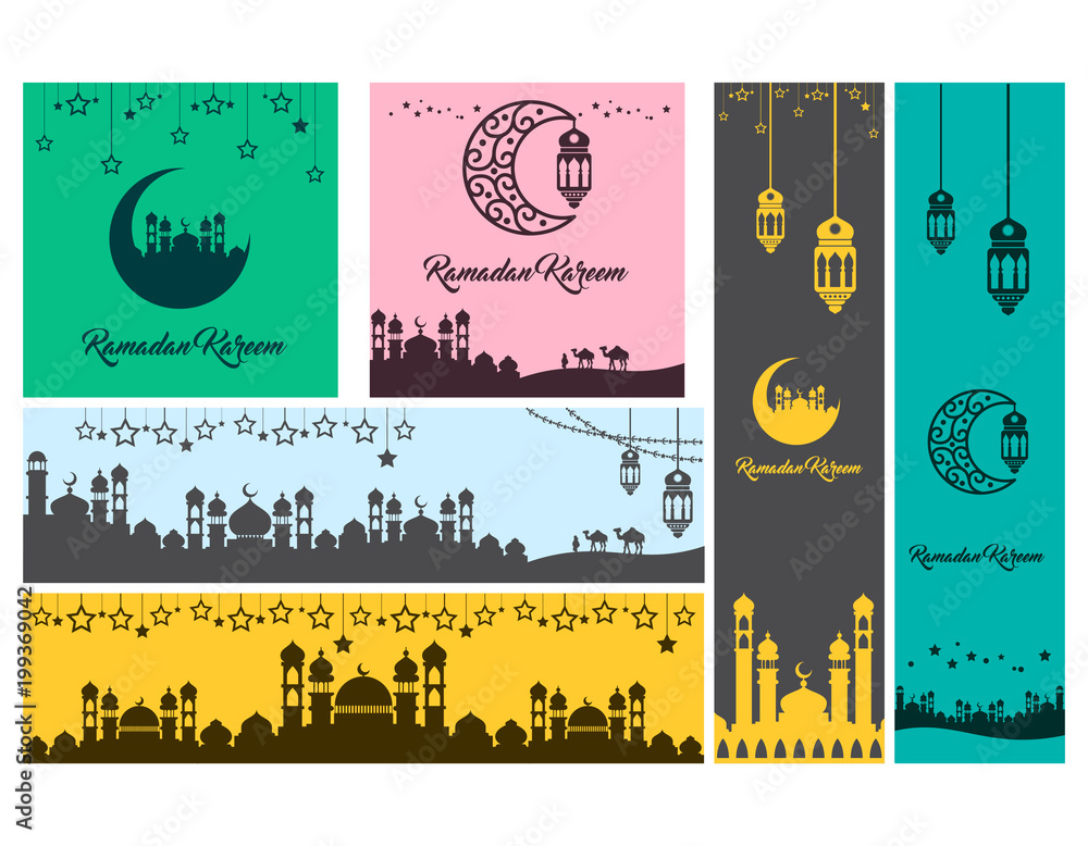 collection of ramadan kareem illustration, Religion muslim celebration, mosque element, modern design