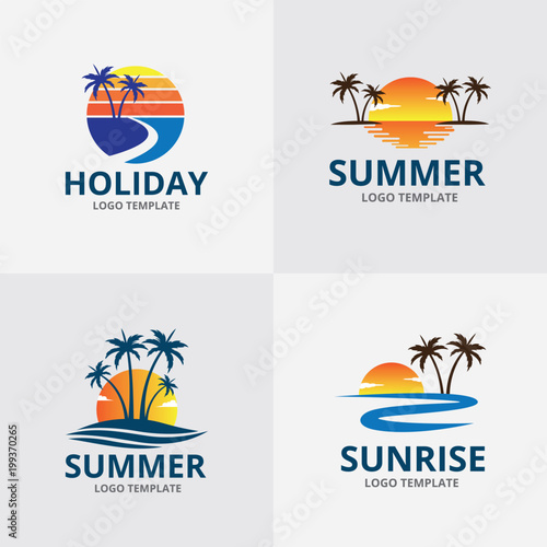 summer sun beach ocean wave palm coconut tree vector logo design