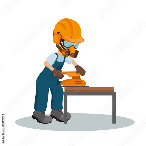 Male carpenter sanding a wooden plank with a sander with industrial safety equipment. Vector illustration