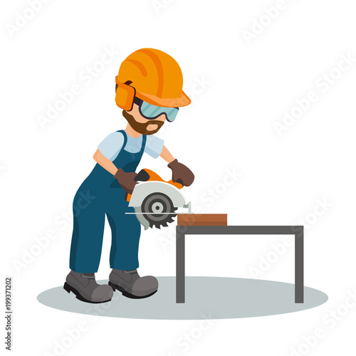 Male carpenter cutting a wooden plank with circular saw with industrial safety equipment. Industrial saw design.