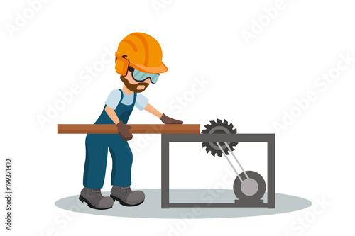Male carpenter cutting a wooden plank with industrial safety equipment. Industrial saw design. Vector illustration