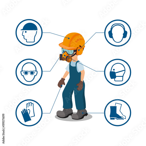 Worker with his personal protective equipment and security icons. vector ilustration.