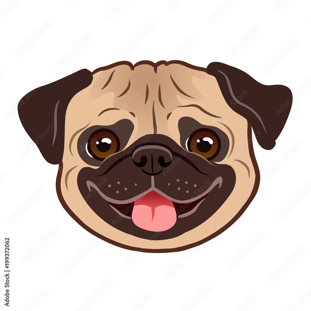 Pug dog cartoon illustration. Cute friendly fat chubby fawn pug puppy face,  smiling with tongue out. Pets, dog lovers, animal themed design element  isolated on white. Stock Vector | Adobe Stock
