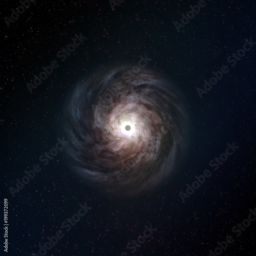 Fototapeta Naklejka Na Ścianę i Meble -  A top down bird's eye view of a rotating spiral galaxy in deep space with a black hole in the center. 