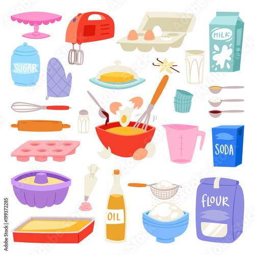 Bakery ingredients vector food and kitchenware for baking cake set of eggs flour and milk for dough illustration of cooking cupcake or pie with cookware in kitchen isolated on white background