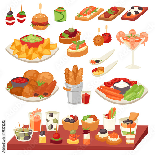 Fényképezés Appetizer vector appetizing food and snack meal or starter and canape illustrati