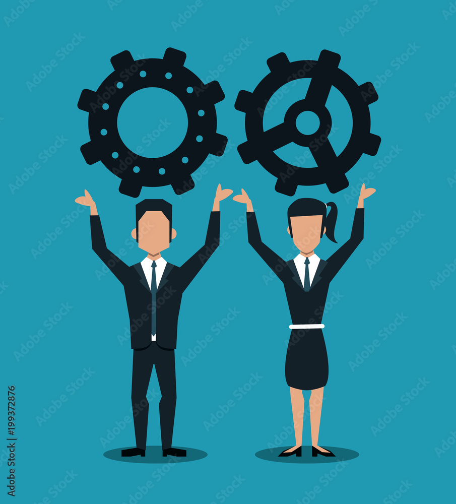 Business couple holding gears vector illustration graphic design Business couple holding gears vector illustration graphic design