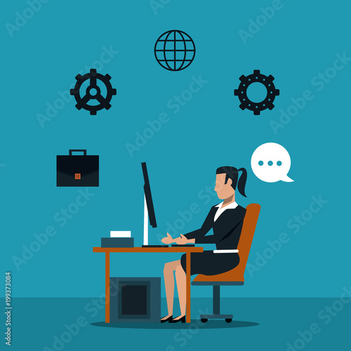 Business woman at office using computer vector illustration graphic design