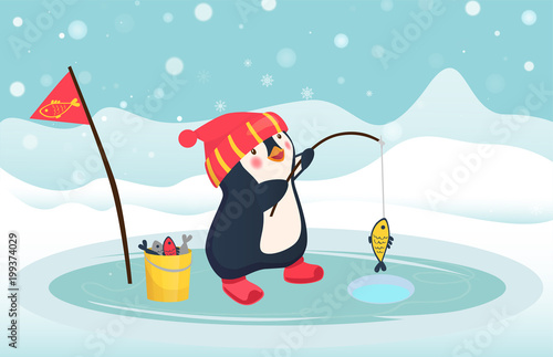 penguin fisherman caught fish