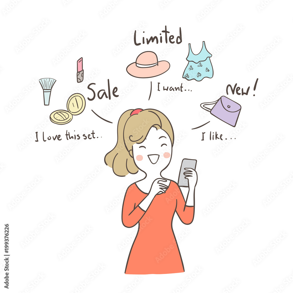 Vector illustration cute businesswoman funny to online shopping on her  phone Coffee Doodle cartoon style Stock Vector | Adobe Stock