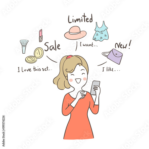 Vector illustration cute businesswoman funny to online shopping on her phone Coffee Doodle cartoon style