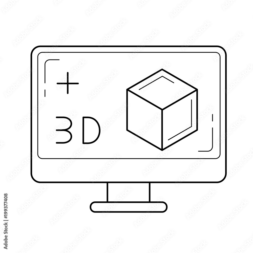 Computer monitor with 3D box vector line icon isolated on white background Computer monitor with 3D box vector line icon isolated on white background