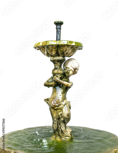 Statue of children angel water fountain isolated on white background