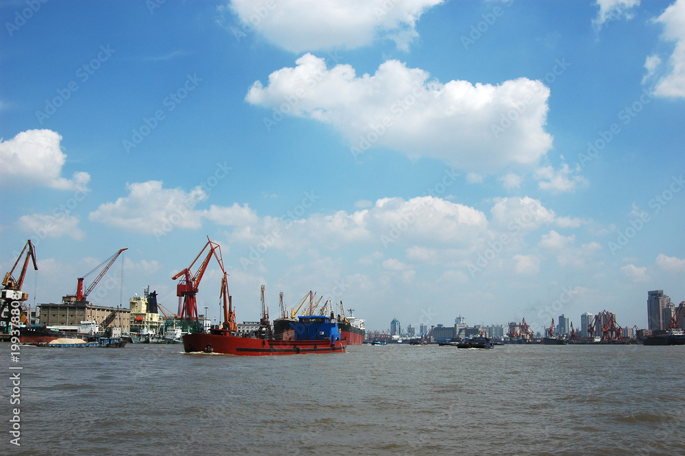 harbor and ship in Huangpu river in Shanghai