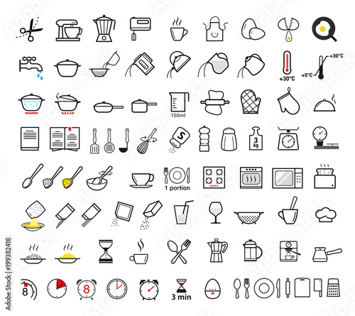 Cooking and preparation instructions. Set of sign for detailed guideline. Vector elements on a white background. Ready for your design. EPS10.