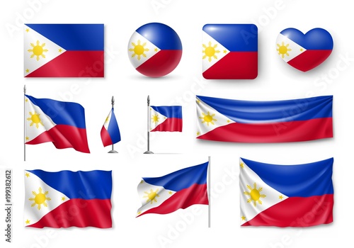 Set Philippines flags, banners, banners, symbols, flat icon. Vector illustration of collection of national symbols on various objects and state signs