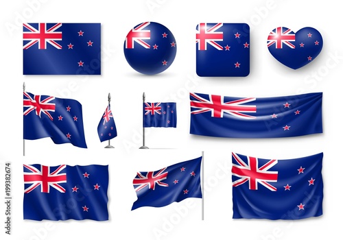Set New Zealand realistic flags, banners, banners, symbols, icon. Vector illustration of collection of national symbols on various objects and state signs