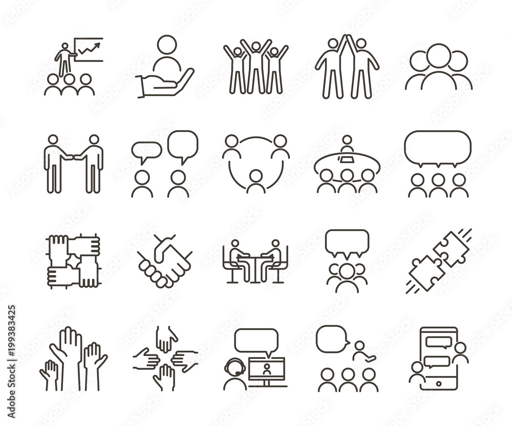 Vector thin line icon illustration set. Teamwork and people interacting, communicating and working together for business companies or other nonprofit organizations. - obrazy, fototapety, plakaty 