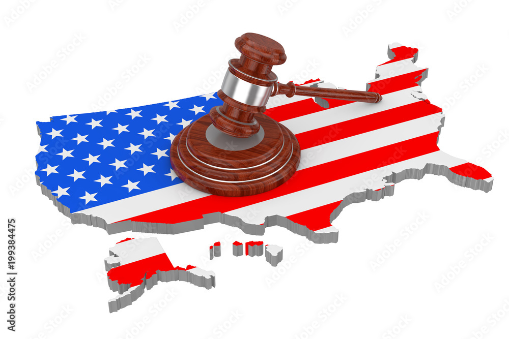 USA Justice Concept. Wooden Justice Gavel with Soundboard over USA Map with Flag. 3d Rendering