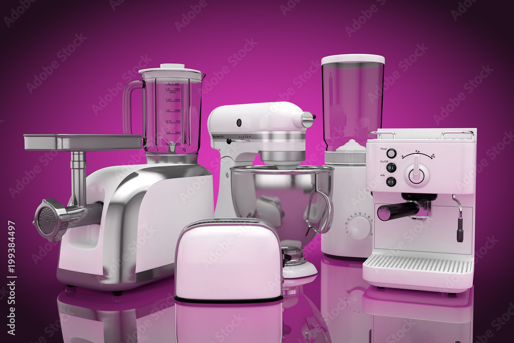 Kitchen Appliances Set. White Blender, Toaster, Coffee Machine, Meat  Ginder, Food Mixer and Coffee Grinder. 3d Rendering Illustration Stock |  Adobe Stock