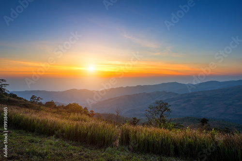 Sunrise Morning at mountain range view on nature trail in Pho lom lo National Park Loei province  Thailand.