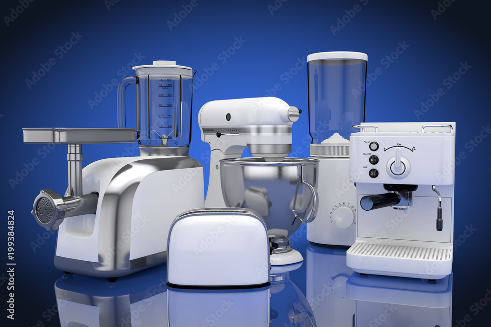Kitchen Appliances Set. White Blender, Toaster, Coffee Machine, Meat Ginder, Food Mixer and Coffee Grinder. 3d Rendering Kitchen Appliances Set. White Blender, Toaster, Coffee Machine, Meat Ginder, Food Mixer and Coffee Grinder. 3d Rendering