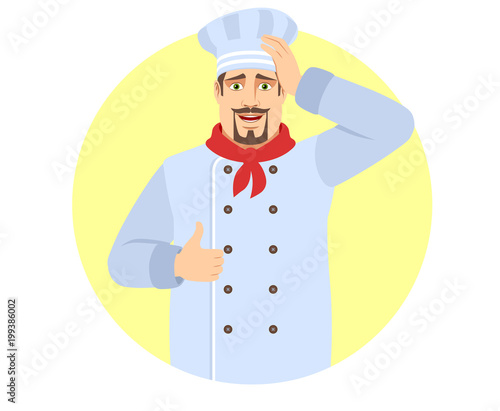 Chef  showing thumb up and grabbed his head