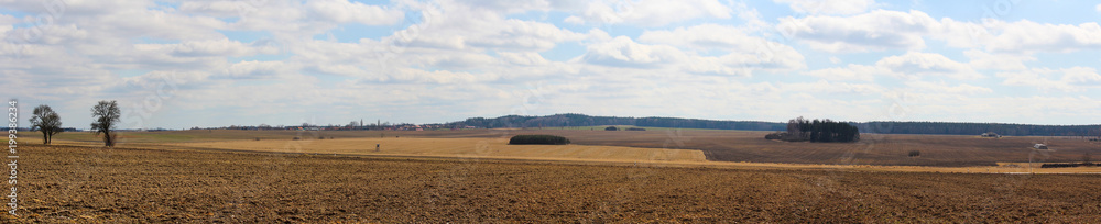 Panoramtic view to czech landscape with fields and tree