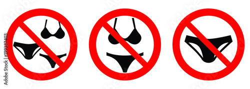 No swim wear, please dress in shop / please remove swimsuit in sauna sign. Black men briefs and women bikini symbol in red crossed circle