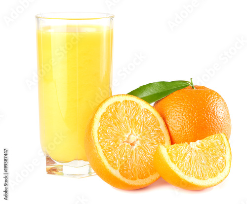 orange juice with orange and green leaf isolated on white background. juice in glass