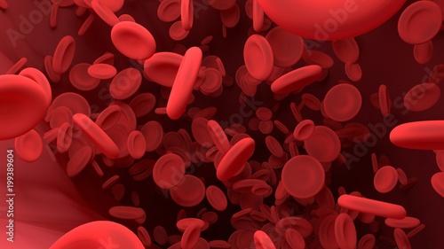 Red blood cell in blood vessel of body. Science graphic for education of school. 3D rendering.