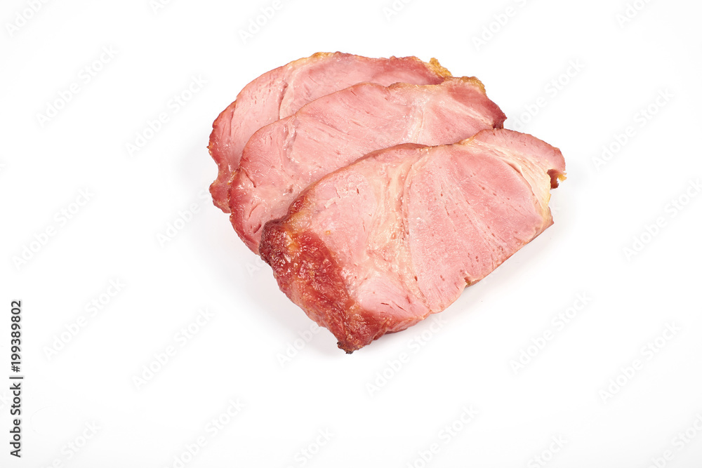roasted pork slices isolated on white background