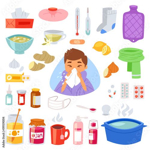 Flu vector sick character with fever and illness and sneezing nose illustration set of sickness and medical treatment signs with medicines isolated on white background