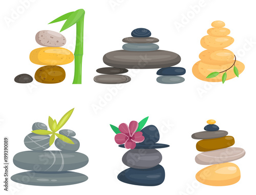 Pyramid from sea pebble relax heap stones healthy wellness black massage meditation natural tool spa balance therapy zen vector illustration.