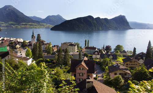 window train view of vitznau village and Lake lucerne, down from Rigi kulm, Lucerne, Switzerland, Europe.