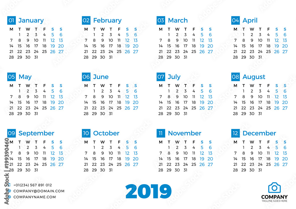 Simple calendar for 2019 year. Vector design print template. Week starts on Monday Simple calendar for 2019 year. Vector design print template. Week starts on Monday