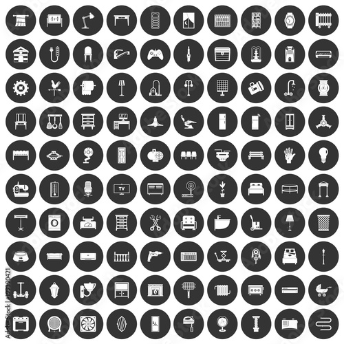100 furnishing icons set black circle