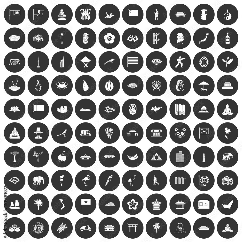 100 asian icons set black circle 100 asian icons set black circle
