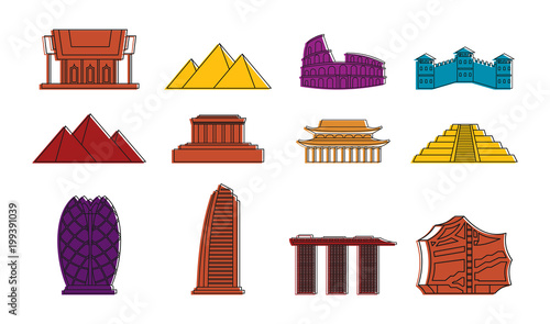 Hystorical bulding icon set, color outline style