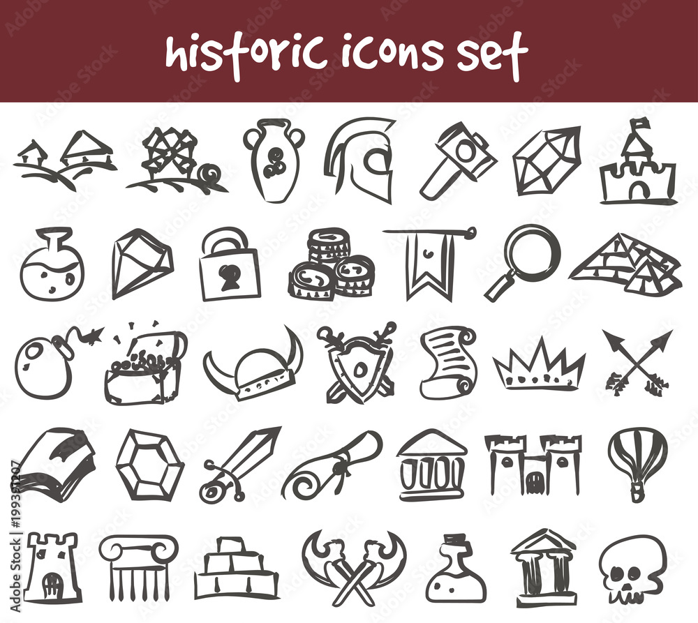 vector doodle historic icons set