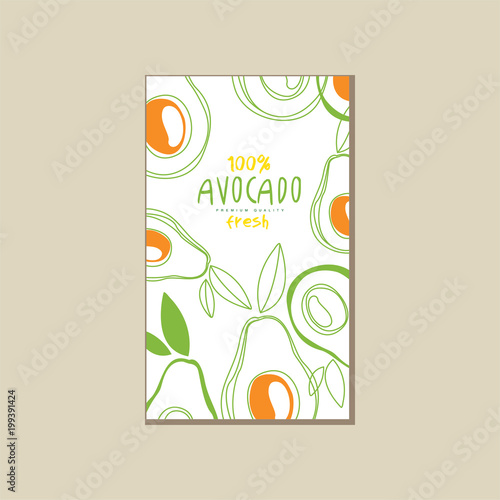 Abstract vector card with fresh avocados. Natural and healthy nutrition. Organic food. Creative design for product packaging, promo poster or flyer