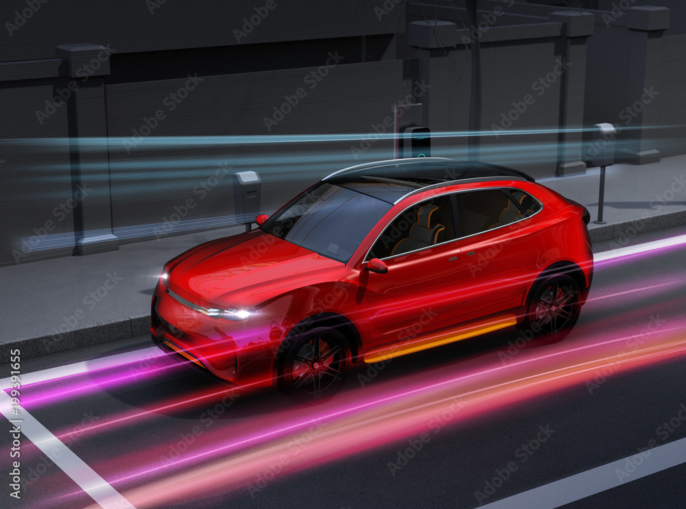 Metallic red electric SUV charging at parking lot with charging station in the street. Colorful light streaks effects. 3D rendering image.