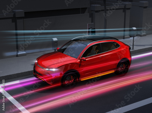 Metallic red electric SUV charging at parking lot with charging station in the street. Colorful light streaks effects. 3D rendering image. © chesky