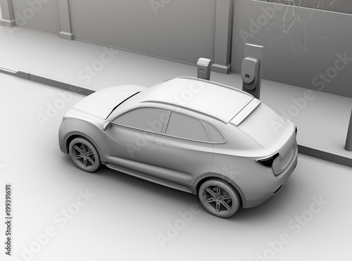 Clay rendering image of electric SUV charging at charging station in the street. 3D rendering image.