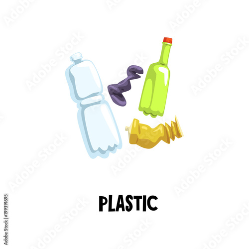 Information icon about plastic waste. Empty tube and two bottles. Sorting and recycling household garbage. Flat vector for social advertising