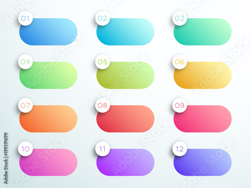 Numbered Gradient Rounded Text Boxes 1 to 12
