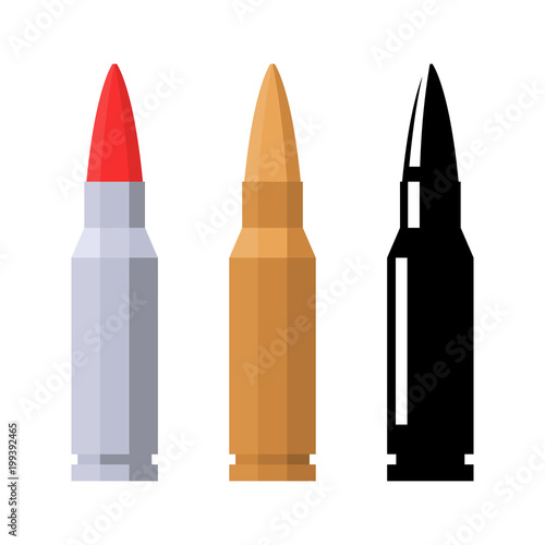 Bullet isolated on white background. Vector illustration flat design. Gunshot ammunition. Set of bullets of different colors and silhouette. Pictogram of weapon.