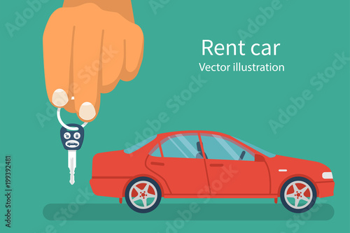 Car key in hand. Vector illustration flat design. Vehicle isolated on background. Maybe as a template for the sale, purchase, rental, presentation. Give, show keys.